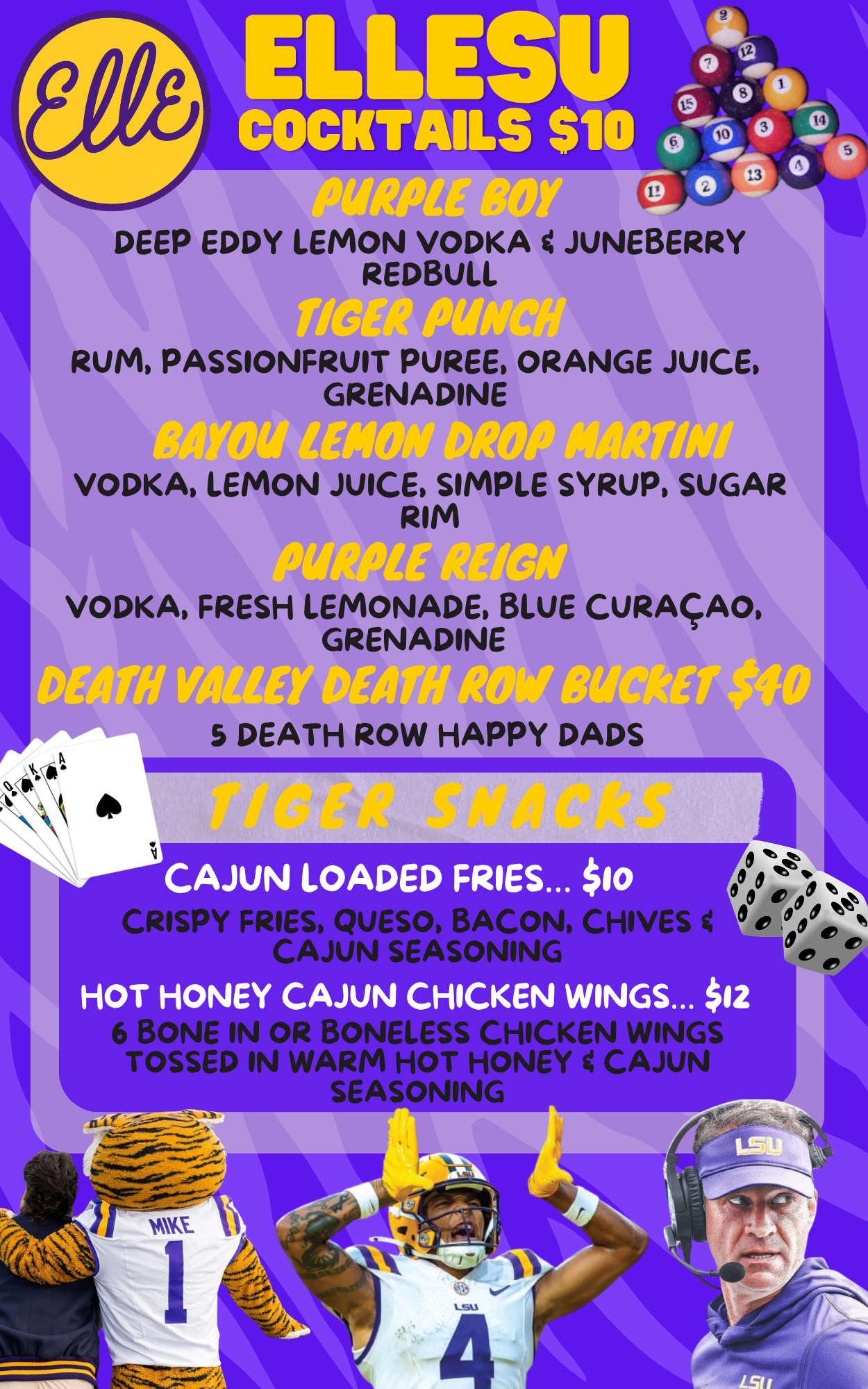 ELLESU game day menu — $10 cocktails including Purple Boy, Tiger Punch, Bayou Lemon Drop Martini, Purple Reign; Death Valley Death Row Bucket $40; Tiger Snacks including Cajun Loaded Fries and Hot Honey Cajun Chicken Wings at Elle Dallas