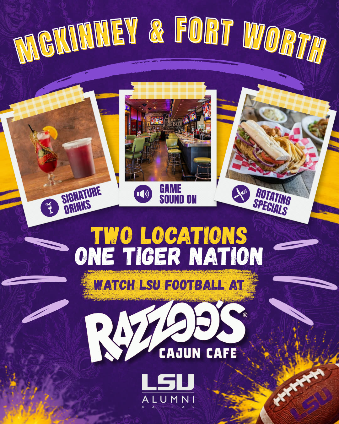 Razzoo's Cajun Cafe LSU watch party flyer for McKinney and Fort Worth — signature drinks, game sound on, rotating specials, two locations one Tiger Nation