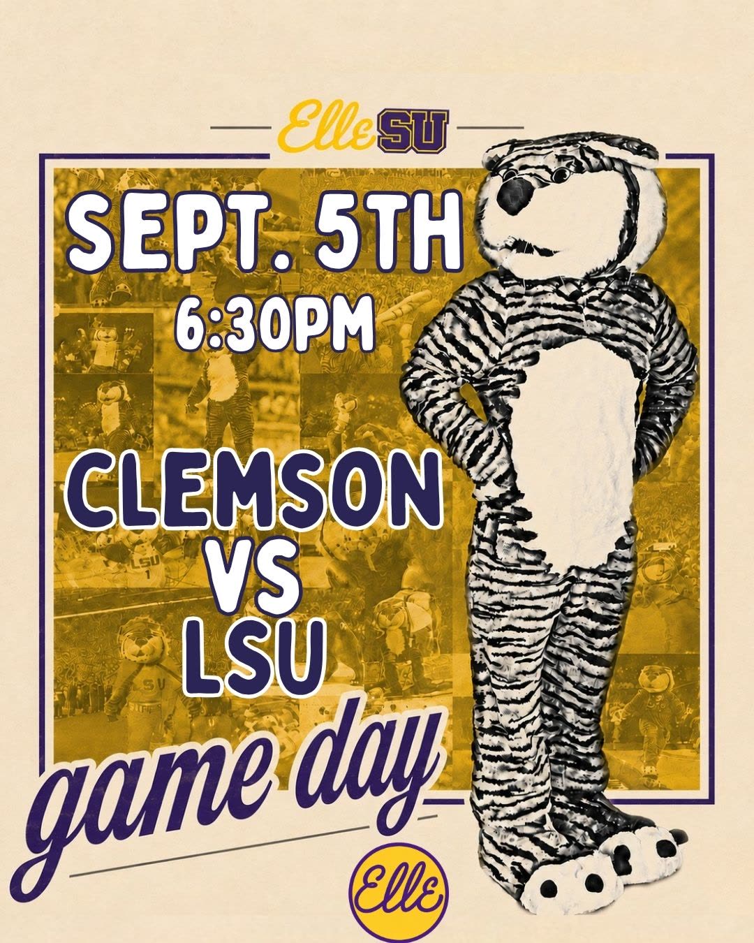 ElleSU game day poster — Clemson vs LSU, Sept. 5th at 6:30pm at Elle Dallas