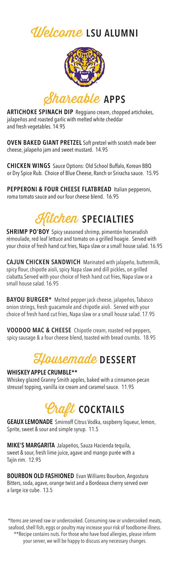 Thirsty Lion LSU Alumni game day menu with apps, kitchen specialties, dessert and craft cocktails