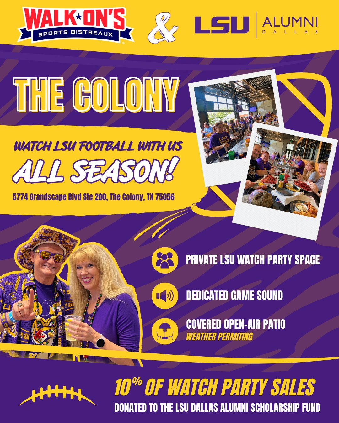Walk-On's Sports Bistreaux and LSU Alumni Dallas watch party flyer for The Colony — private LSU watch party space, dedicated game sound and covered open-air patio