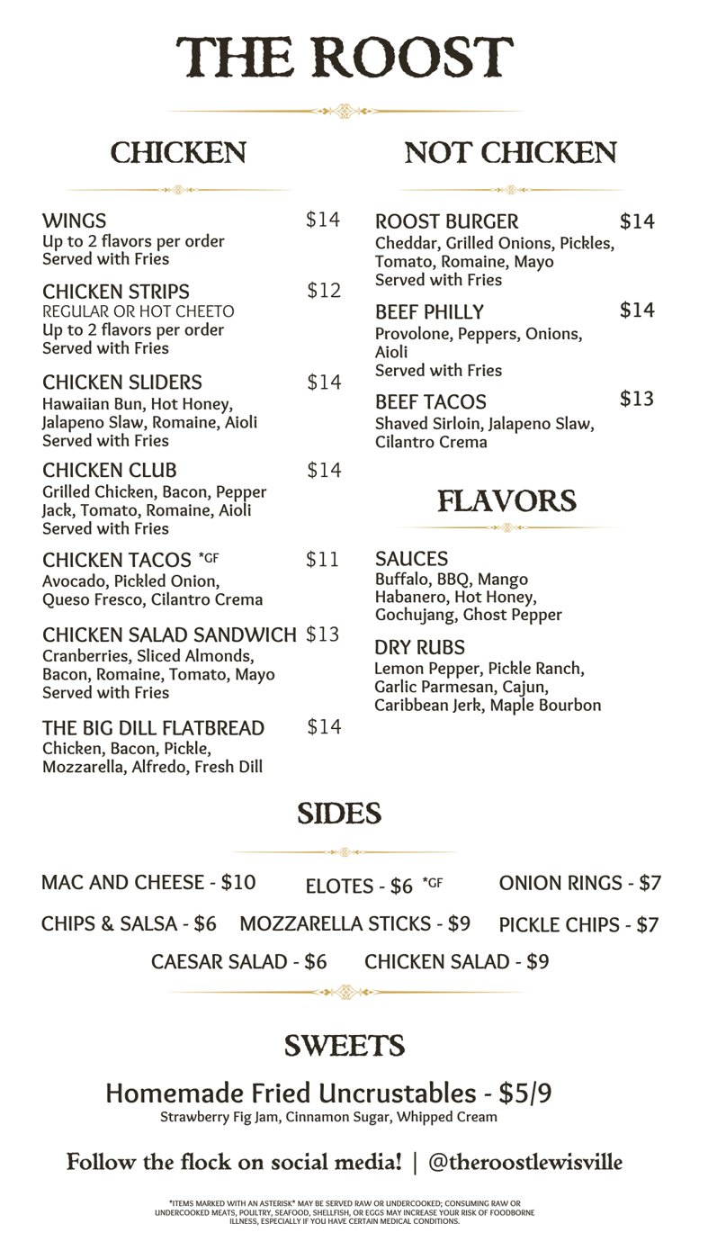 The Roost Lewisville menu — chicken wings, strips, sliders, burgers, tacos, sides and sweets with prices